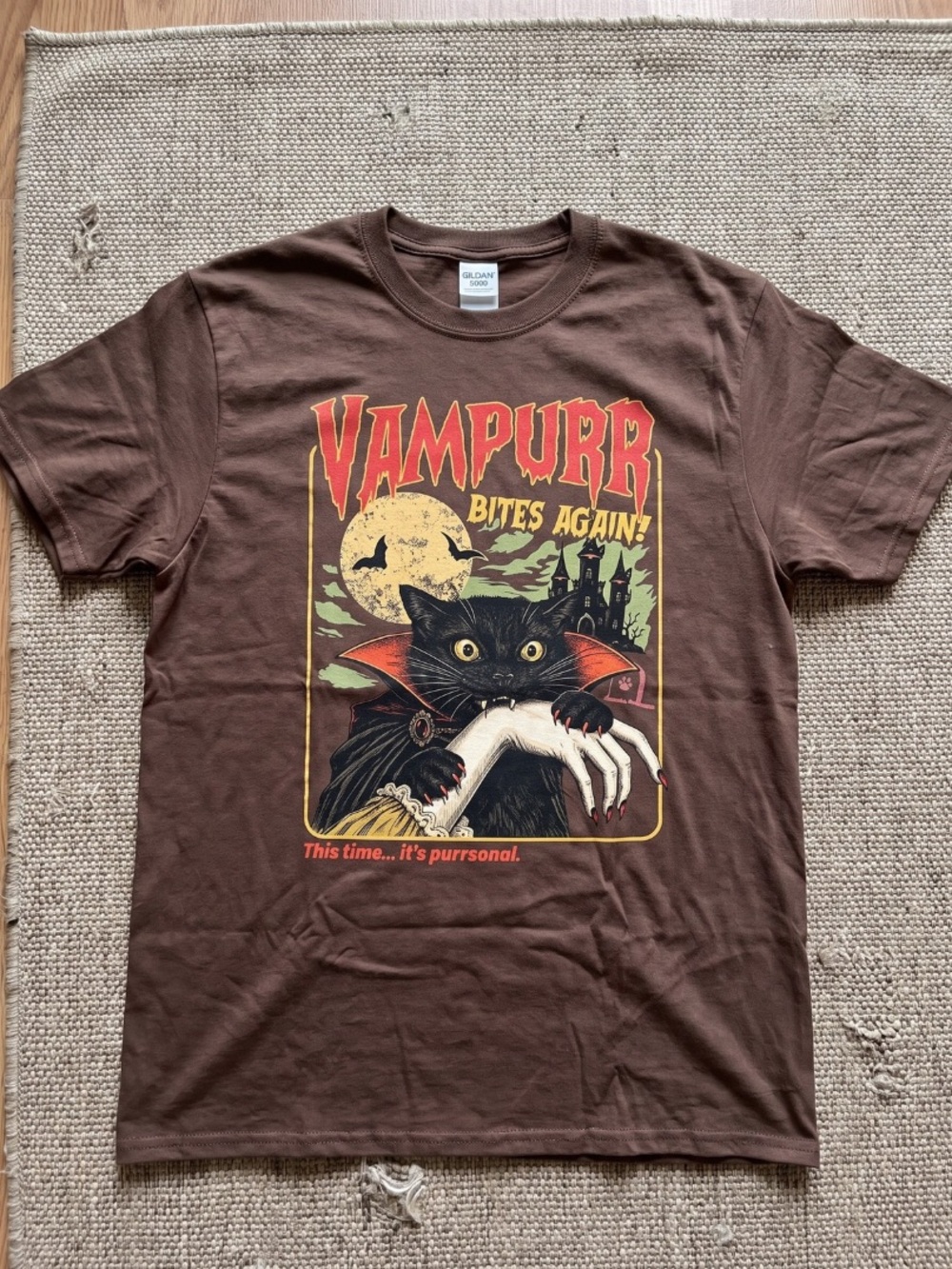 Vampurr Bites Again Graphic T-Shirt Halloween Black Cat Vampire Tee